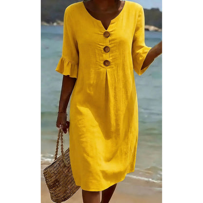【S-3XL】Vestido de mujer de algodón y lino con mangas abullonadas y botones-E