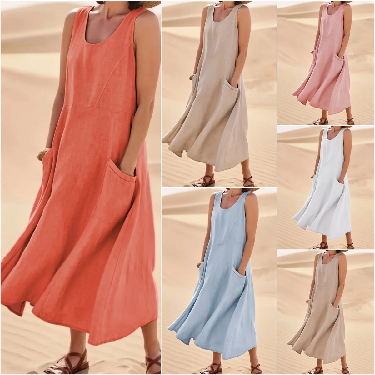 🌈👗【S-5XL】Nova elegantna jednobojna haljina bez rukava s okruglim izrezom od pamuka i lana za ljeto 2026.