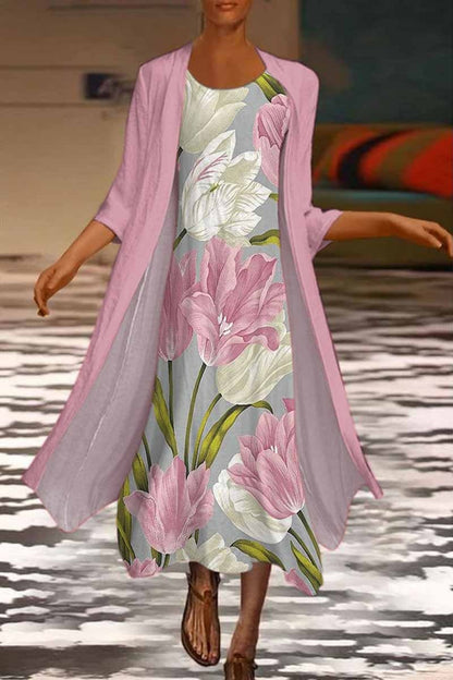 🌻 Descuento -50% 🔥🔥【40-120 kg】Nuevo vestido de mujer con estampado floral, vestido de dos piezas con escote redondo ✅Pago contra entrega