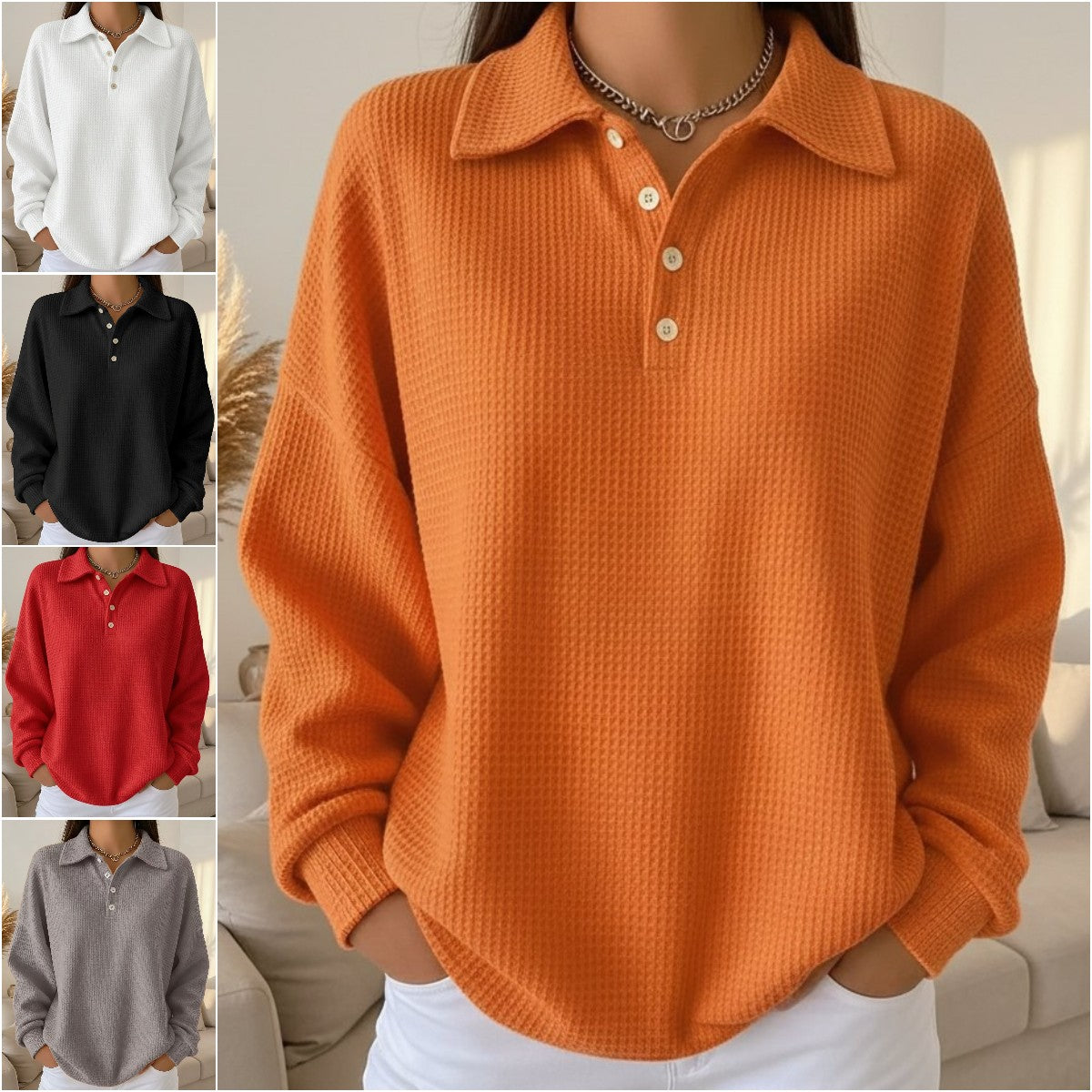 🔥🌷【Nowość na rok 2026】🎉🙌 Stylowa, elegancka, swobodna damska koszula z dzianiny waflowej z kołnierzykiem