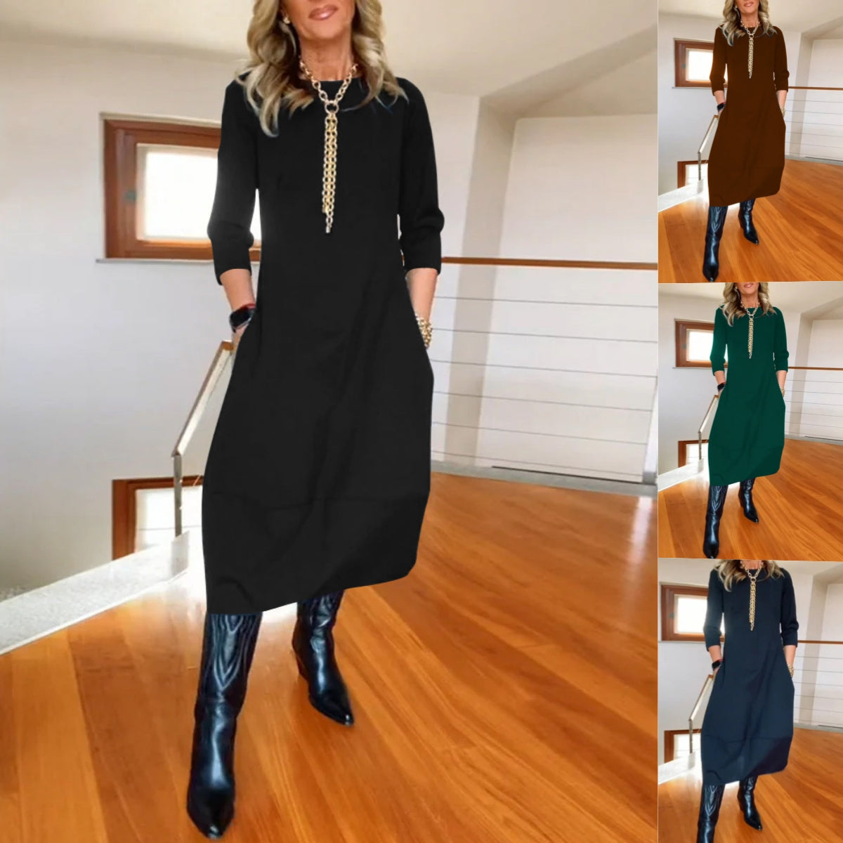 sleva 50 %! 👗 【S-5XL】Elegantní jednobarevné šaty s dlouhým rukávem, pohodlné a praktické, vhodné pro každodenní nošení.