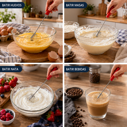 🥳Compra 1 y llévate 1 gratis💪 ¡50% de descuento! Batidor de huevos manual semiautomático: presiona y gira, sin electricidad. Bate huevos y nata en segundos. ¡Cuida tus muñecas! ✨🧁