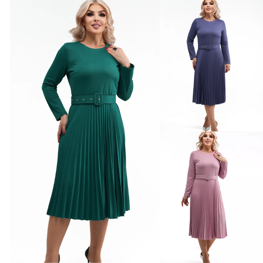 ✨【S-5XL】👗2025 jesień i zima nowa moda elegancka wysokiej jakości jednokolorowa plisowana sukienka