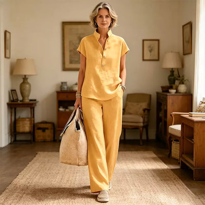 🔥【¡Oferta al 50%!!】✨Conjunto de mujer de lino y algodón: blusa de manga corta y pantalón ancho, estilo casual elegante de verano