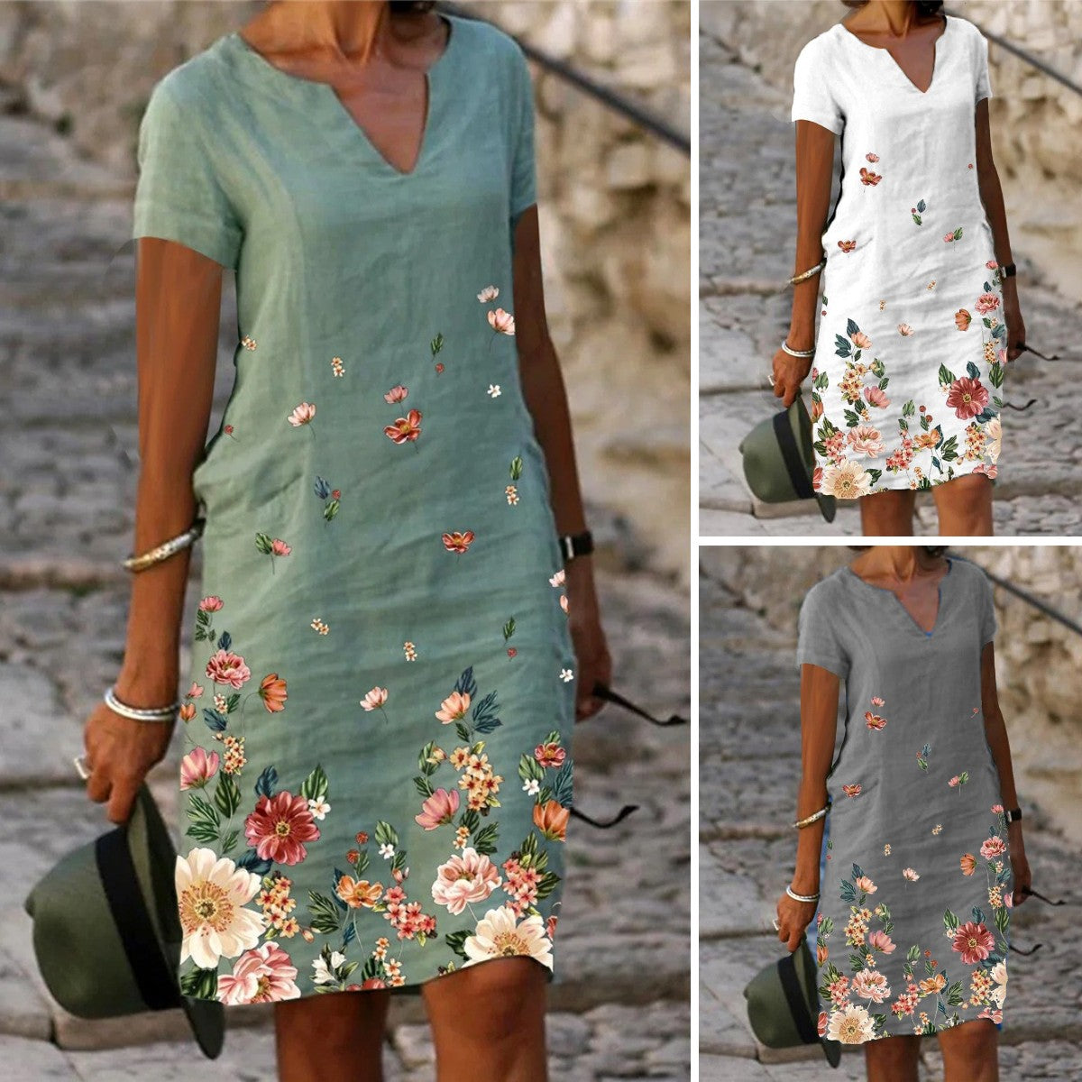 🌺【S-3XL】 Letnia bawełniana i lniana prosta sukienka z dekoltem w serek, krótkimi rękawami z nadrukiem motyli i kwiatów