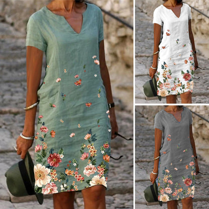 🌺【S-3XL】 Letnia bawełniana i lniana prosta sukienka z dekoltem w serek, krótkimi rękawami z nadrukiem motyli i kwiatów