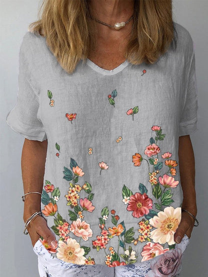 💐【Kup 1 dostań 1 za darmo】👕【S-5XL】🌈T-shirt z krótkim rękawem i bawełnianą lnianą nadrukiem w kwiaty