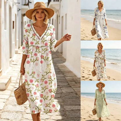 👗【S-3XL】Ljetna pamučeno-lnena cvjetna haljina duge duljine s V izrezom