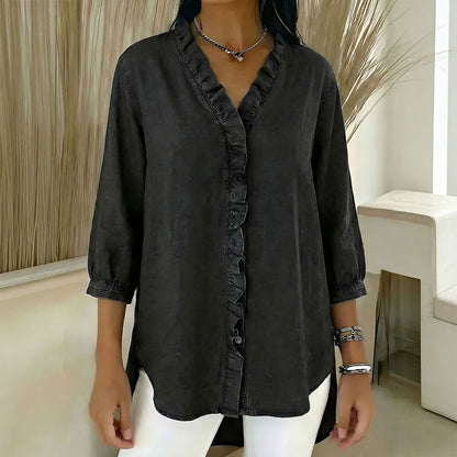 🔥 Platba na dobierku ✅️【40-100kg】Dámska ležérna džínsová košeľa s výstrihom do V a volánikmi