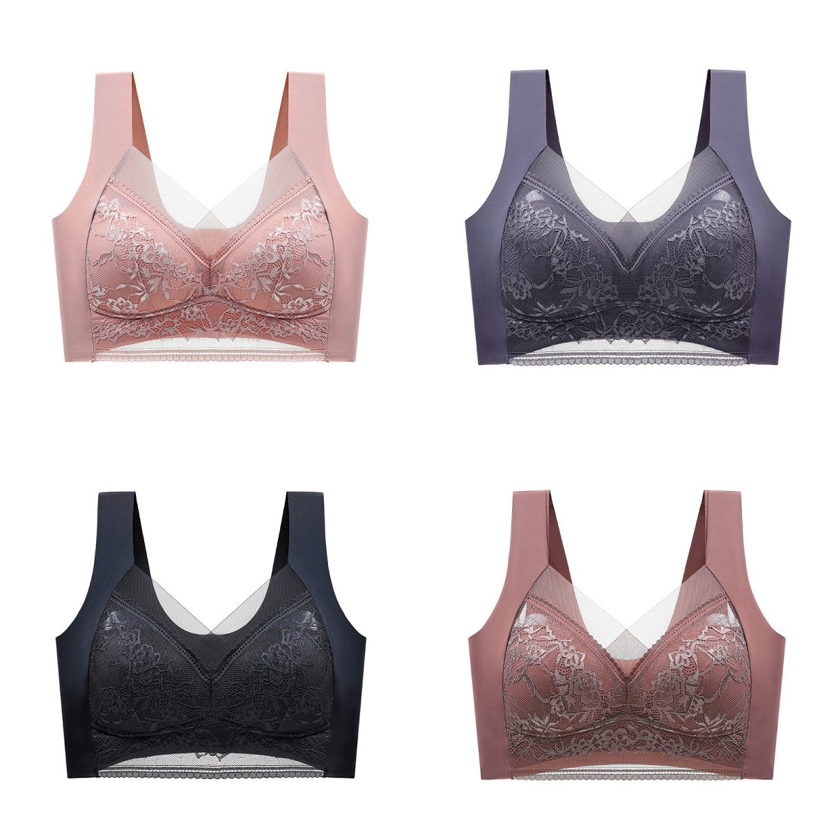 🥰【1 komplet 4 sztuki】👙【40-110 KG】Damski wygodny, bezszwowy koronkowy biustonosz-3887838