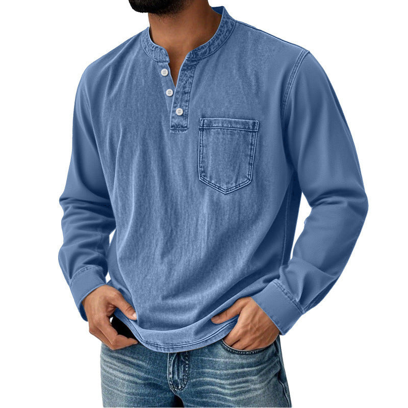 👔✅️【Descuento por tiempo limitado】【40-120 kg】🔥Camisa vaquera de manga larga con cuello en V para hombre, con bolsillo