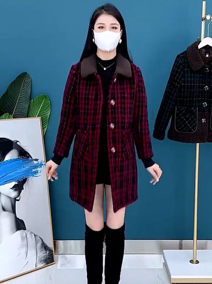 🍁🍂【M-4XL】Nowy płaszcz w kratę z zagęszczonego kaszmiru na jesień i zimę średniej długości