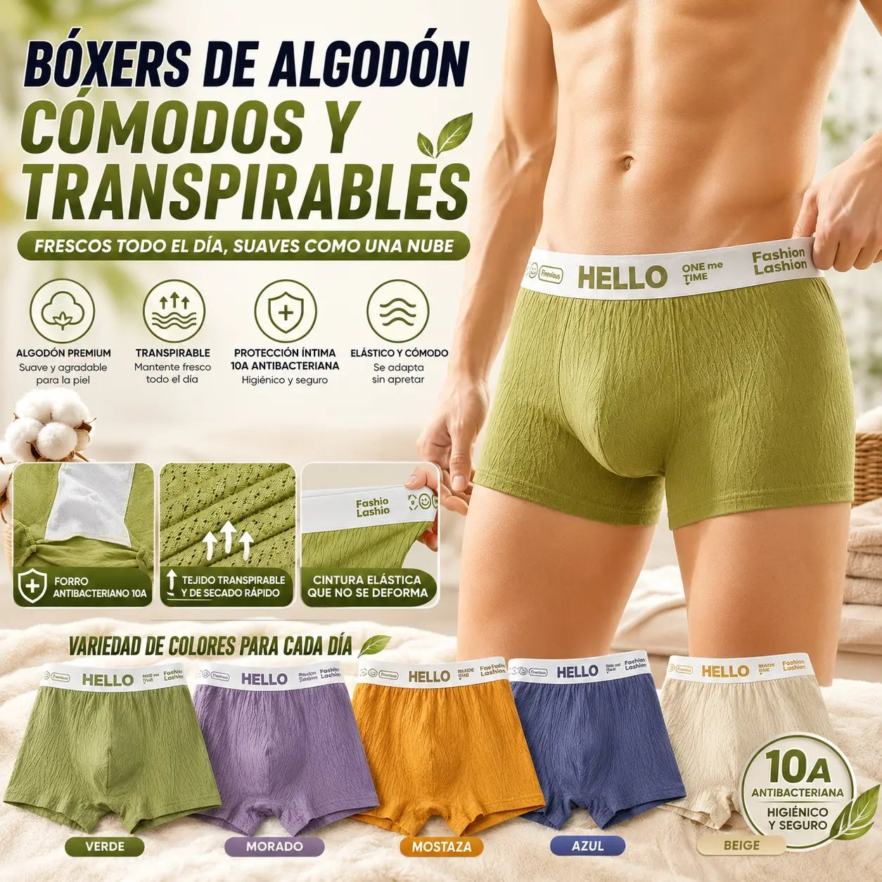 🎁✨【Paquete de 4】Calzoncillos bóxer de cintura media, transpirables, antibacterianos, suaves y elásticos, con textura jacquard y de alta gama para hombre. ✅️Pago contra entrega