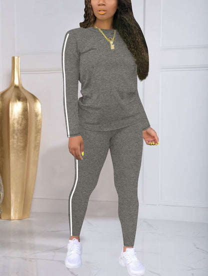 🔥🍁Plačilo ob dostavi🍂 Ženski črtast dvodelni komplet, majica z dolgimi rokavi v kombinaciji s hlačami. Ležeren, eleganten in udoben, idealna izbira za vsakodnevno nošenje na prostem.