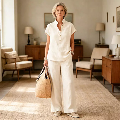 🔥【¡Oferta al 50%!!】✨Conjunto de mujer de lino y algodón: blusa de manga corta y pantalón ancho, estilo casual elegante de verano