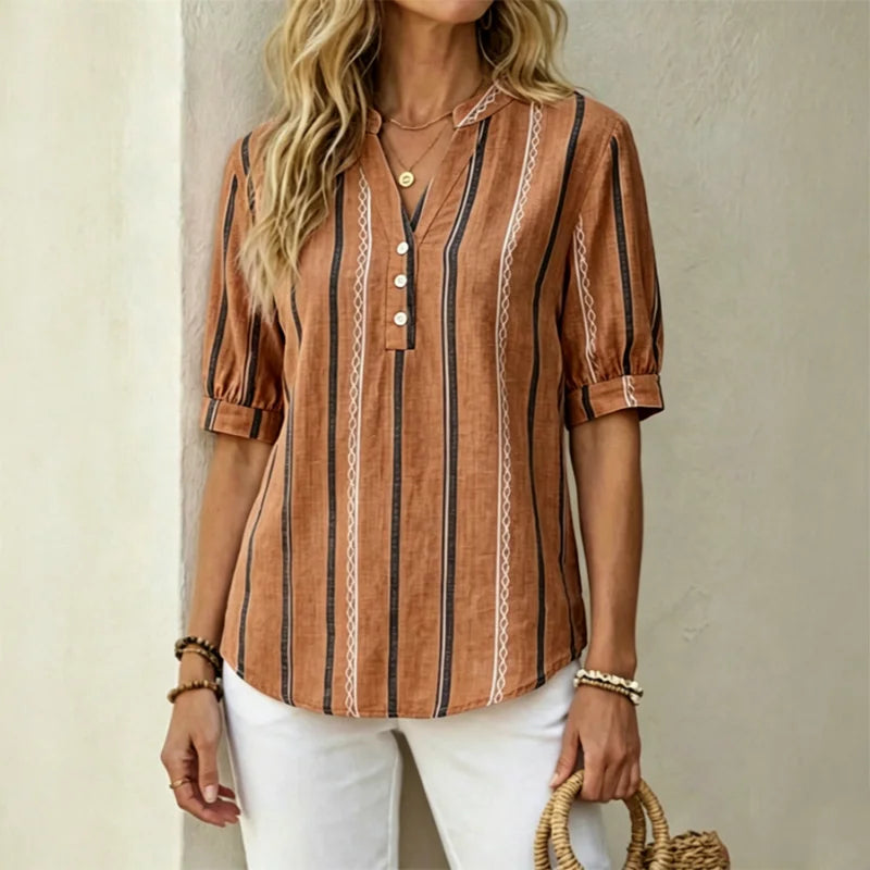 🔥👚 【50% de descuento】✨🎉Camisa de verano de manga corta de algodón y lino a rayas, tejido transpirable.