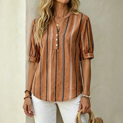 🔥👚 【50% de descuento】✨🎉Camisa de verano de manga corta de algodón y lino a rayas, tejido transpirable.