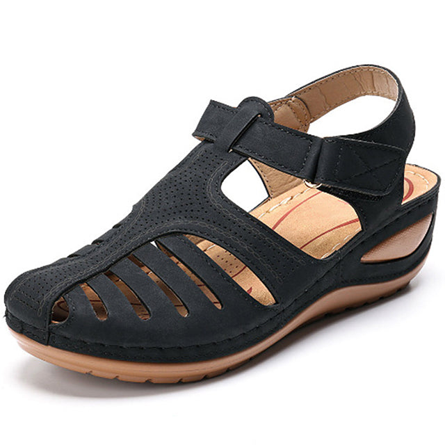 Nuevas sandalias transfronterizas de tallas grandes para mujer, sandalias romanas de tacón de cuña calado con punta cerrada para mujer.