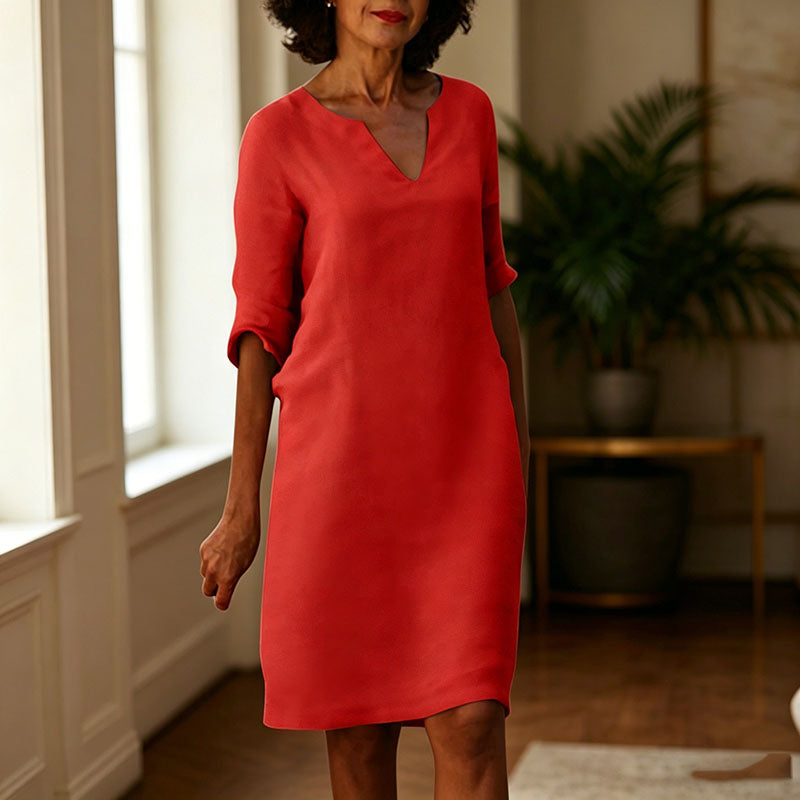 👗【S-3XL】Vestido vintage de lino y algodón con cuello en V, cintura alta, empalmes y mangas 3/4 lisas; tejido transpirable, lavable y resistente a las arrugas.