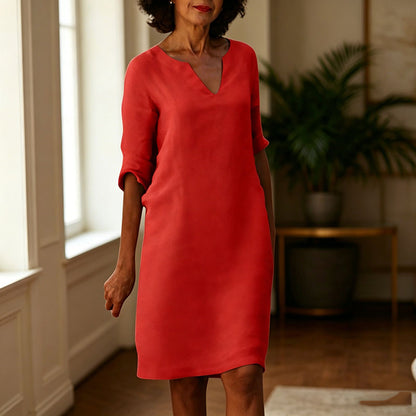 👗【S-3XL】Vestido vintage de lino y algodón con cuello en V, cintura alta, empalmes y mangas 3/4 lisas; tejido transpirable, lavable y resistente a las arrugas.