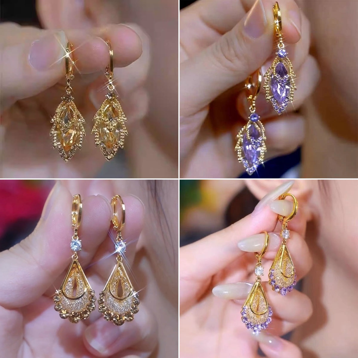 ✨【4 pary】Eleganckie złote kolczyki z błyszczącymi diamentami