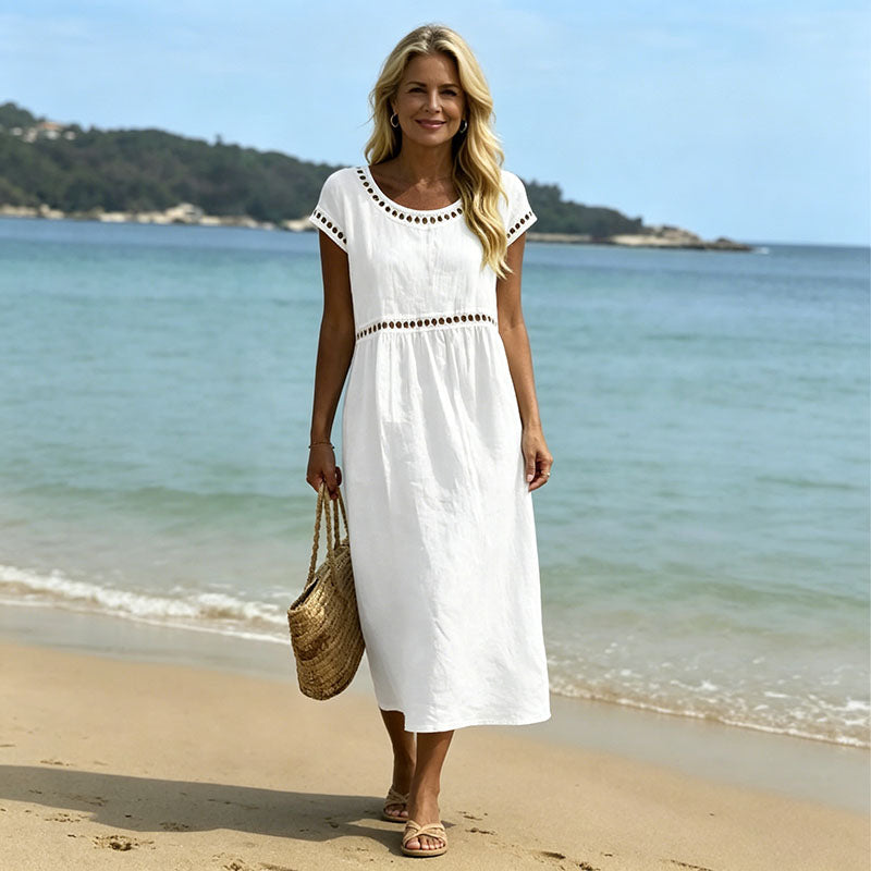【Producto nuevo, 50% de descuento por tiempo limitado hoy!!】💎Alta calidad 2026💎【S-3XL】Vestido casual y elegante de algodón y lino con cuello redondo y bordado, transpirable, suave y cómodo