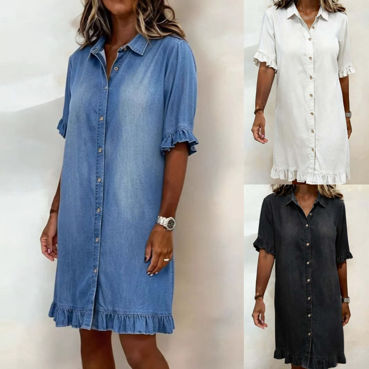 👔50% de descuento🔥【40-120 kg】Vestido camisero de mezclilla con corte amplio y volantes ✅Pago contra entrega