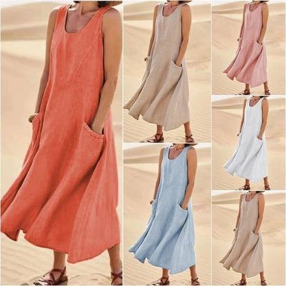 🌈👗【S-5XL】Lato 2025, nowa, elegancka, jednokolorowa sukienka bez rękawów z okrągłym dekoltem, wykonana z bawełny i lnu.