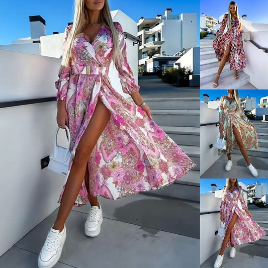 【🎉Specjalne oferty letnie】【S-2XL】🔥💃2025 Letnia nowa sukienka z dekoltem w serek i długim rękawem, modnym nadrukiem i rozcięciem z boku