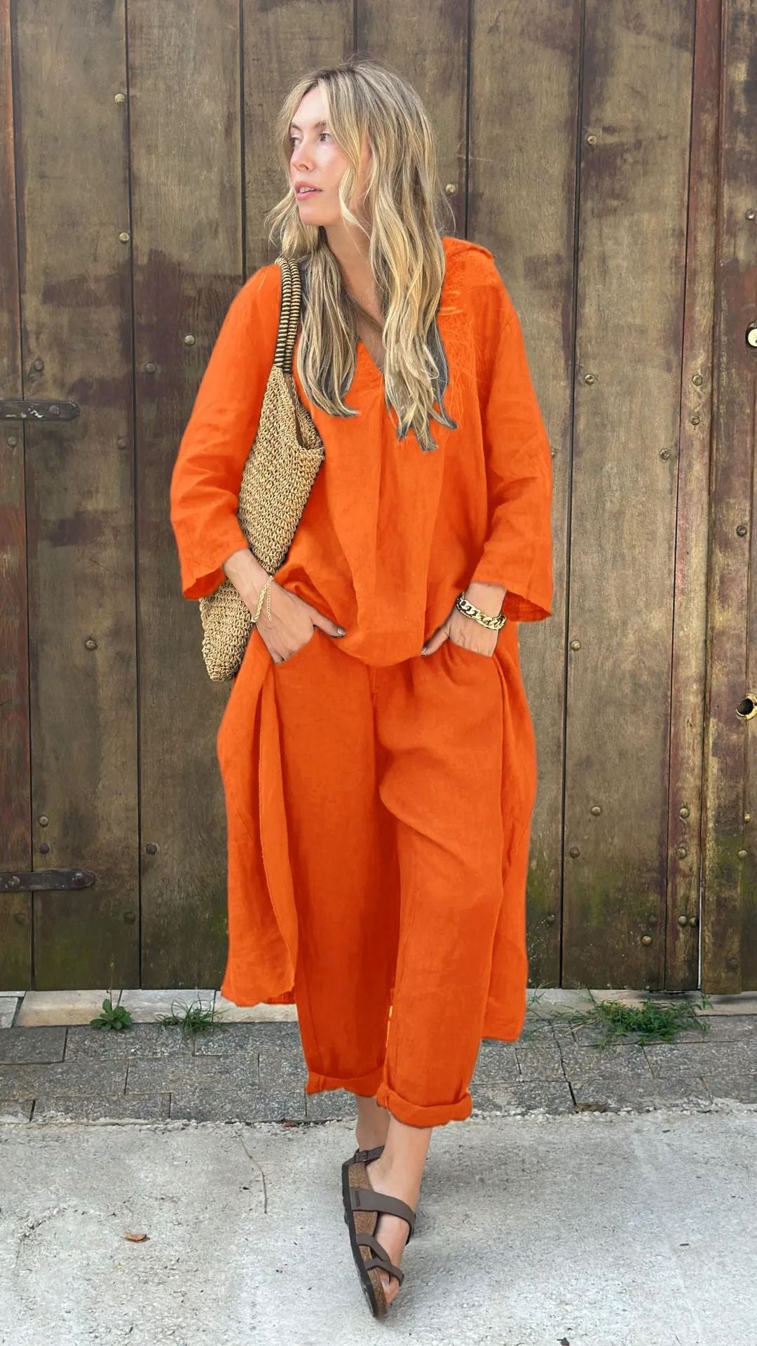 ✨✨【Top + Pantalones】Conjunto de camisa de algodón y lino de talla grande con pantalón holgado para mujer. ✅️Pago contra entrega