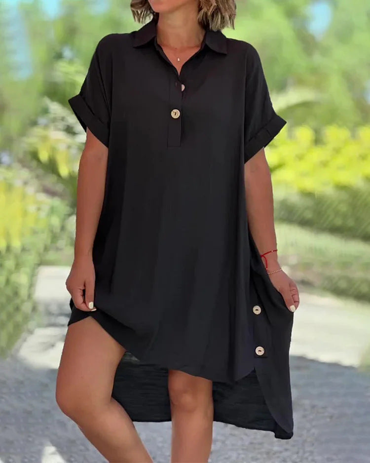 💃🧡【Popust 50% 🔥】【S–5XL】Nova jednobojna ležerna duga haljina za žene s ovratnikom, gumbima i asimetričnim krojem