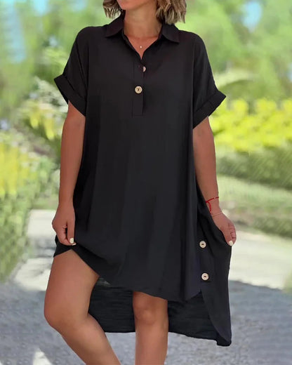 💃🧡【Popust 50% 🔥】【S–5XL】Nova jednobojna ležerna duga haljina za žene s ovratnikom, gumbima i asimetričnim krojem
