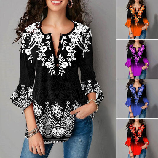 🔥✨【Ograniczona ilość】【S-5XL】2025 Nowa koszula w stylu etnicznym z nadrukiem w kształcie liścia lotosu, modna i uniwersalna