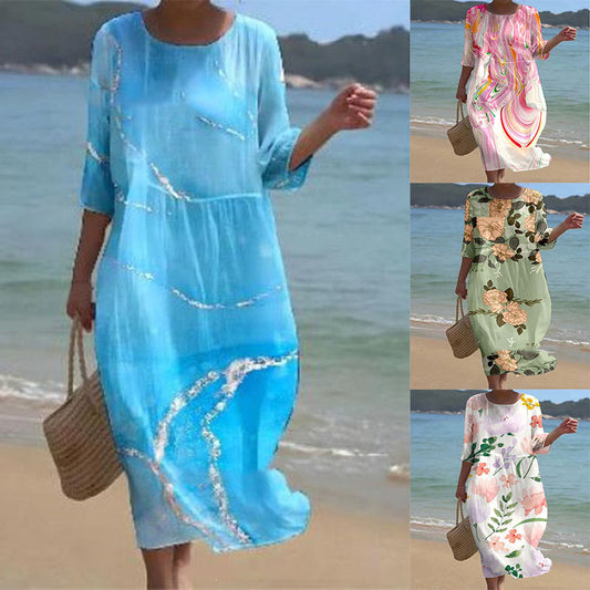 💞💖【S-5XL】2025 Lato Nowa Moda Długa Luźna Sukienka——Okrągły Dekolt, Nadruk, Modny i Swobodny Styl! 💖✨