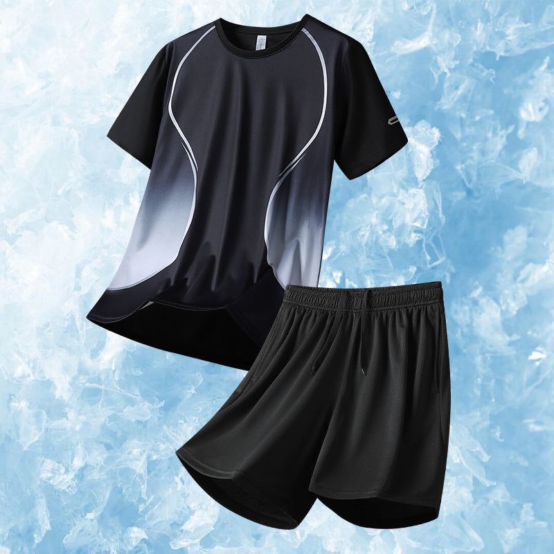 🆒Pago contra entrega✨ Conjunto deportivo de verano para hombre, de manga corta, de seda helada fina, ideal para correr y con tejido de malla de secado rápido.
