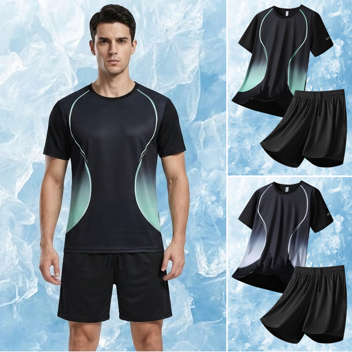 🆒Pago contra entrega✨ Conjunto deportivo de verano para hombre, de manga corta, de seda helada fina, ideal para correr y con tejido de malla de secado rápido.