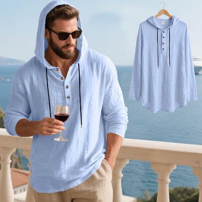 👔50% de descuento🏆【40-100kg】Camisa Henley de manga larga con capucha, transpirable y de lino para hombre, de corte holgado, ideal para la playa.✅Pago contra entrega