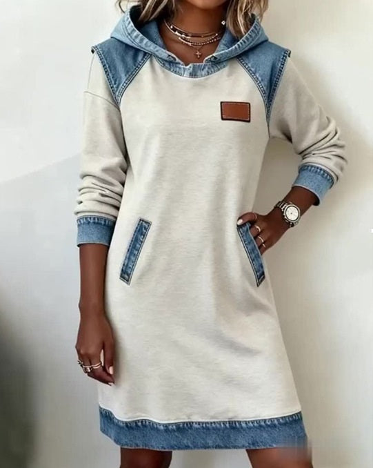 🔥⛄【50% zniżki✨】🌷🌞 Nowa zimowa modna dżinsowa sukienka z kapturem i patchworkiem