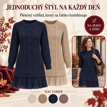Elegantné pletené šaty s plisovaným lemom — pohodlný štýl na chladnejšie dni, dostupné vo veľkostiach S–3XL.