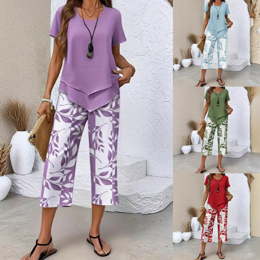 👗 ¡50% DE DESCUENTO AHORA! 🌿 Conjunto casual de túnica de cuello redondo y pantalones anchos con capas – Bajo asimétrico, pantalones estampados y transpirables ✨