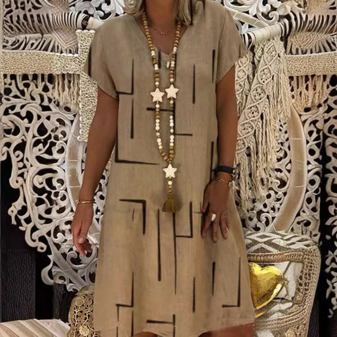 👗【Sezonsko znižanje】【S–5XL】Ženska bombažna obleka z V-izrezom – udobna in elegantna – Znižana cena