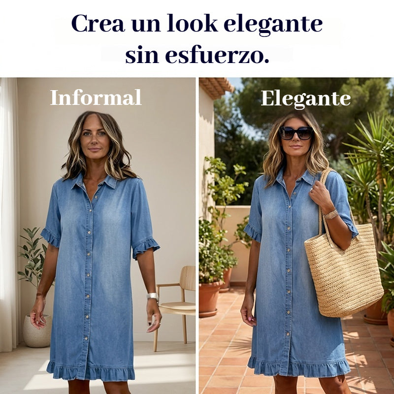 👔50% de descuento🔥【40-120 kg】Vestido camisero de mezclilla con corte amplio y volantes ✅Pago contra entrega