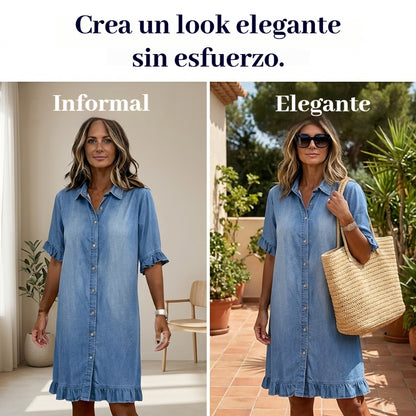 👔50% de descuento🔥【40-120 kg】Vestido camisero de mezclilla con corte amplio y volantes ✅Pago contra entrega