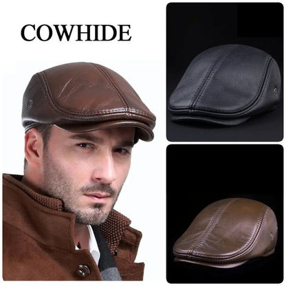 💥🧢【Plačilo ob dostavi】👍Moška usnjena kapa za aktivnosti na prostem, moška zimska baretka, topli glušniki iz 100 % kravje kože