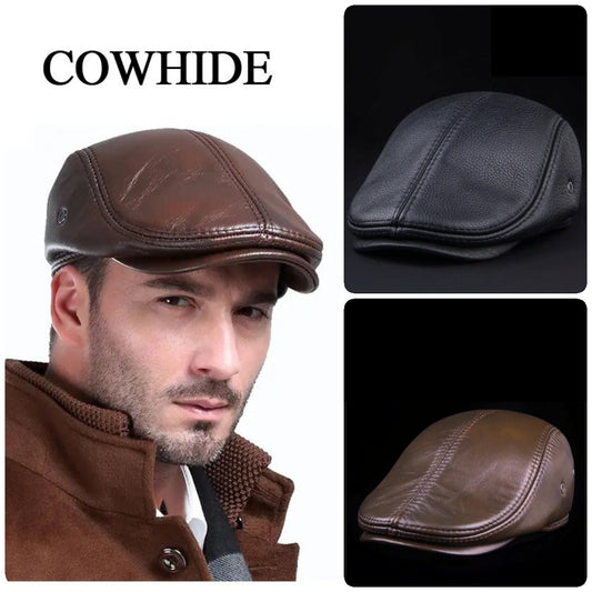 💥🧢【Plačilo ob dostavi】👍Moška usnjena kapa za aktivnosti na prostem, moška zimska baretka, topli glušniki iz 100 % kravje kože