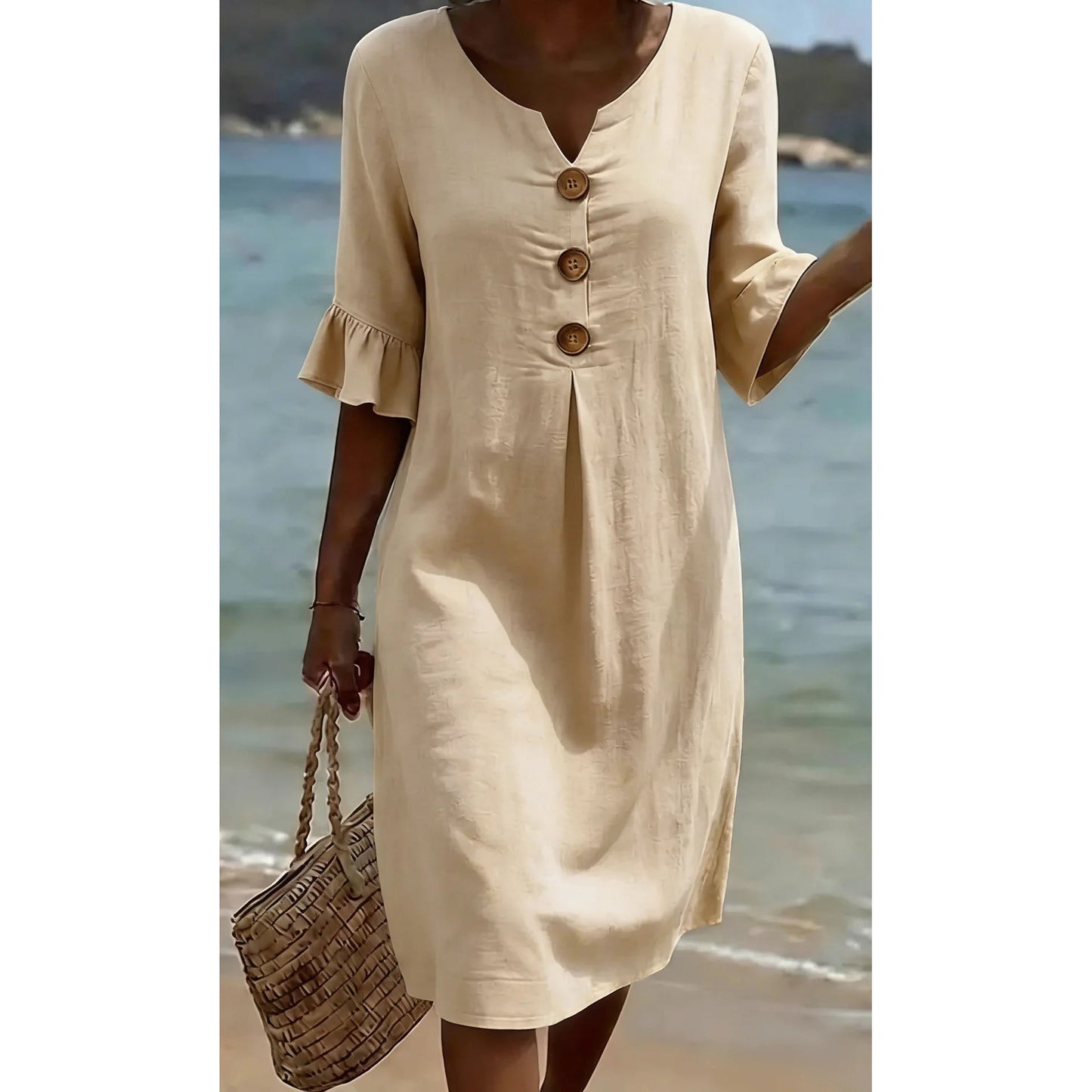 【S-3XL】Vestido de mujer de algodón y lino con mangas abullonadas y botones-E