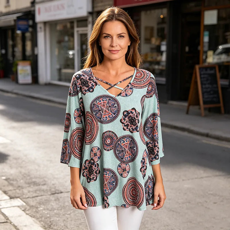 🎁Pago contra entrega✅️ Camiseta de verano para mujer, estampado retro, escote en V con tirantes cruzados en los hombros, tejido suave.