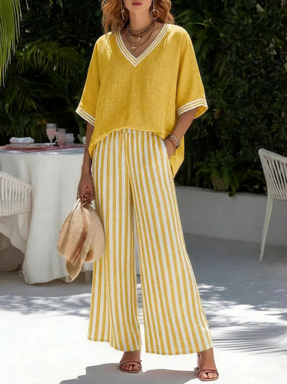 💐【S-4XL】Conjunto clásico a rayas de algodón y lino (top + pantalones)