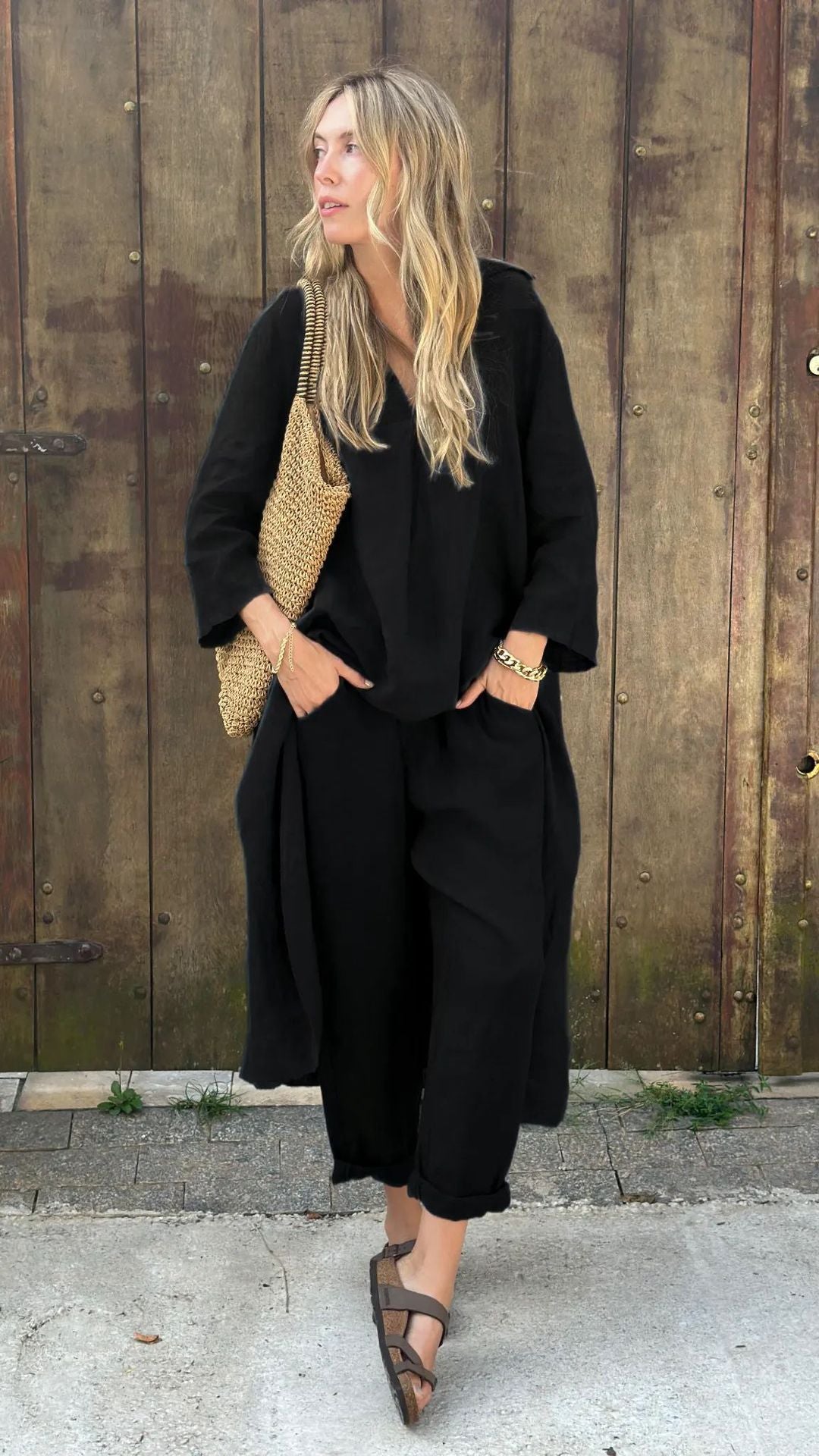 ✨✨【Top + Pantalones】Conjunto de camisa de algodón y lino de talla grande con pantalón holgado para mujer. ✅️Pago contra entrega