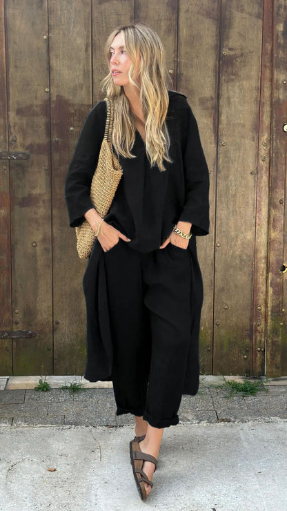 ✨✨【Top + Pantalones】Conjunto de camisa de algodón y lino de talla grande con pantalón holgado para mujer. ✅️Pago contra entrega